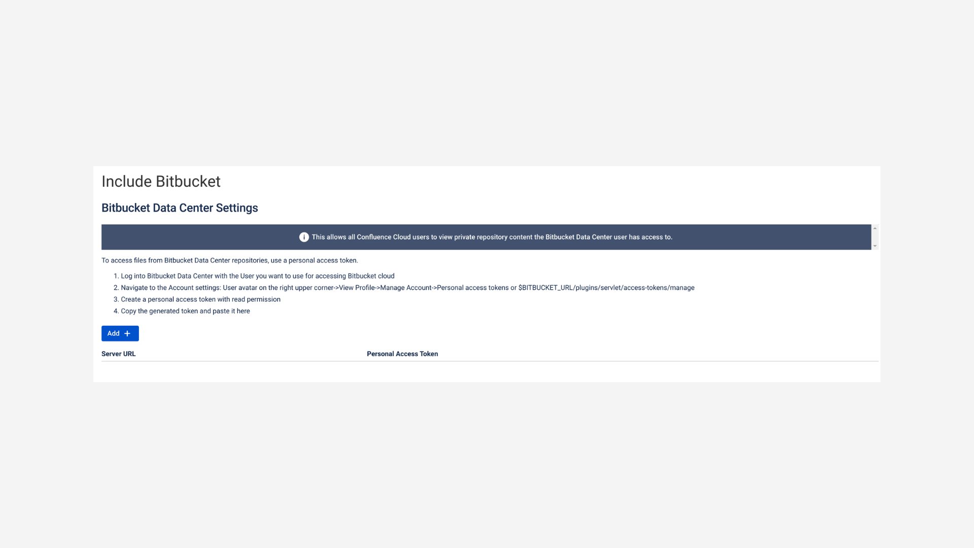 Add Bitbucket DC instance screen