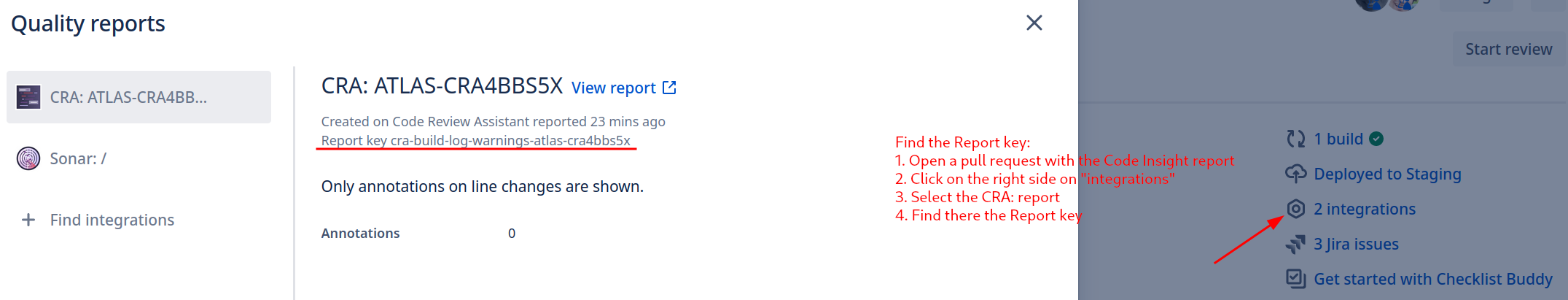 Report key find by pressing in a PR with the report on integrations, and then selecting the CRA report.